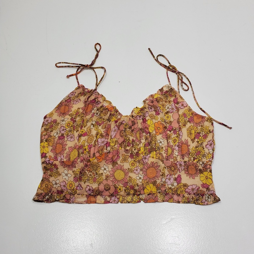 Patrons of Peace Crop Top Womens M Orange Tank Ruffle Boho‎ Western Tie festival